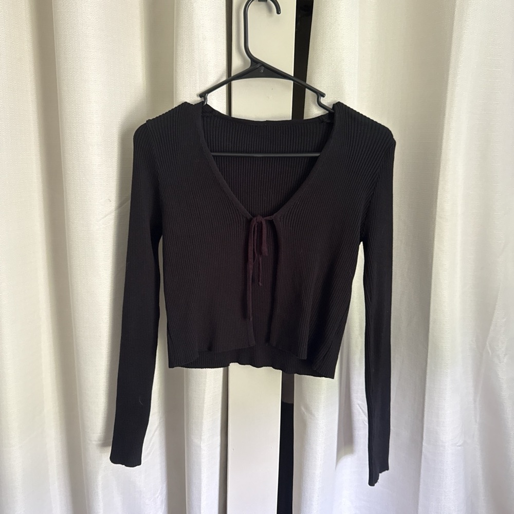 Black Long Sleeve Tie Front Crop Blouse
